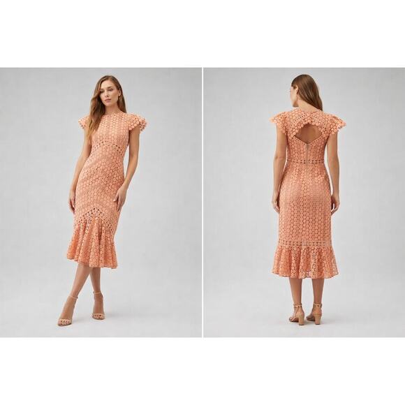 SAYLOR Dresses & Skirts - Saylor Rouen Dress Clay Peach Lace Midi Open Back Ruffle Hem Wedding Guest Large